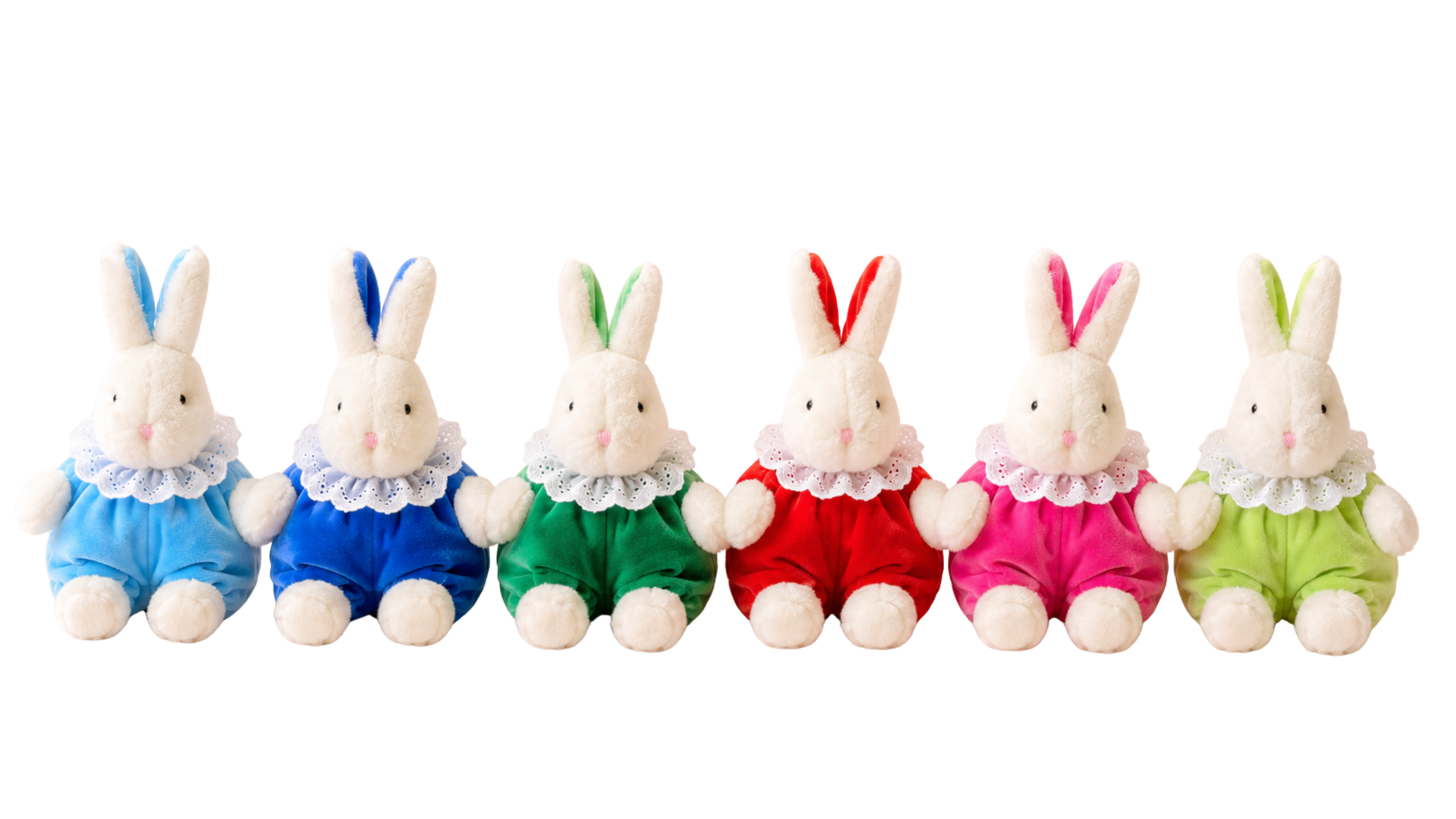 Alla sex Bibi-kaniner i rad: ljusblå, mörkblå, grön, röd, rosa och limegrön