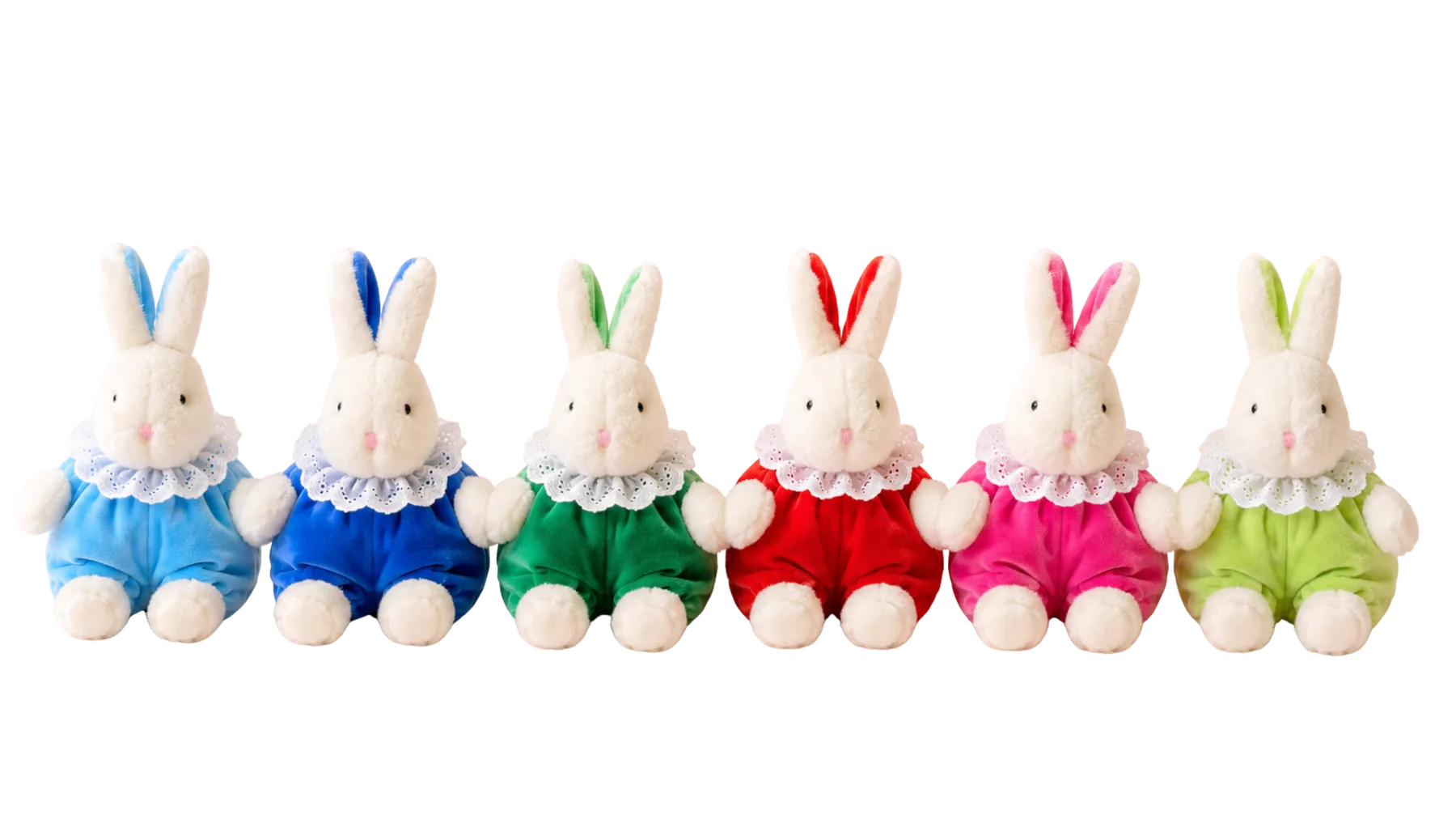 Alla sex Bibi-kaniner i rad: ljusblå, mörkblå, grön, röd, rosa och limegrön
