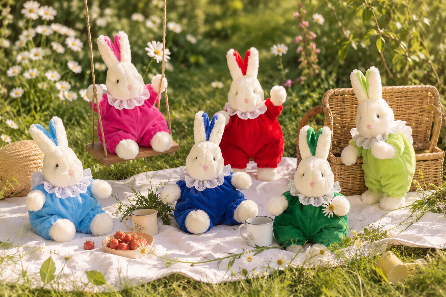 Bibi-kaninerna på en filt i sommarträdgården med jordgubbar och daisies